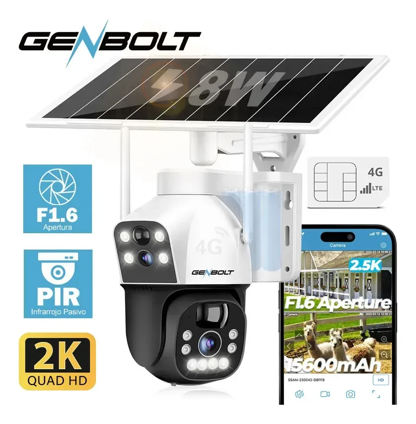 Genbolt 3g/4g Lte Solar Cámara De Vigilancia Exterior 360 Smart Inalámbrica 2.5k 8w 15600mah Batería Cámara De Seguridad Sin Wifi Doble Lentes Foco Cámara Ip Cctv Con Tarjeta Sim Y Detección Humanoide