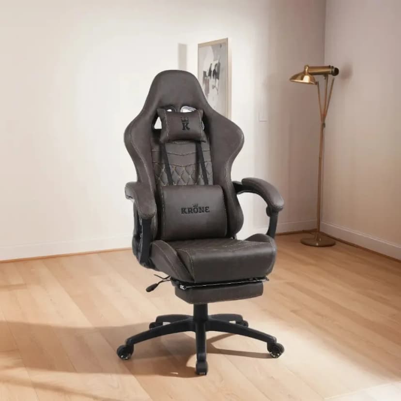 Krone Premium XL silla gamer con apoyapiés marrón de cuero sintético